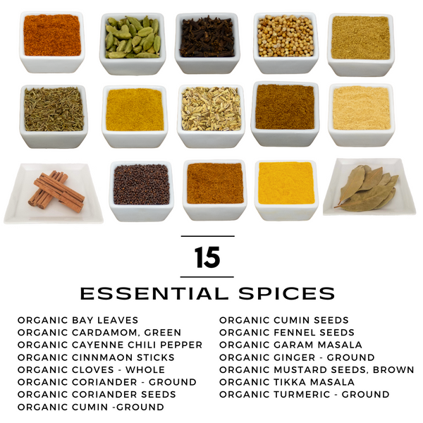 ORGANIC Indian Spice Set: 15 Whole / Ground Indian Spices & Seasonings
